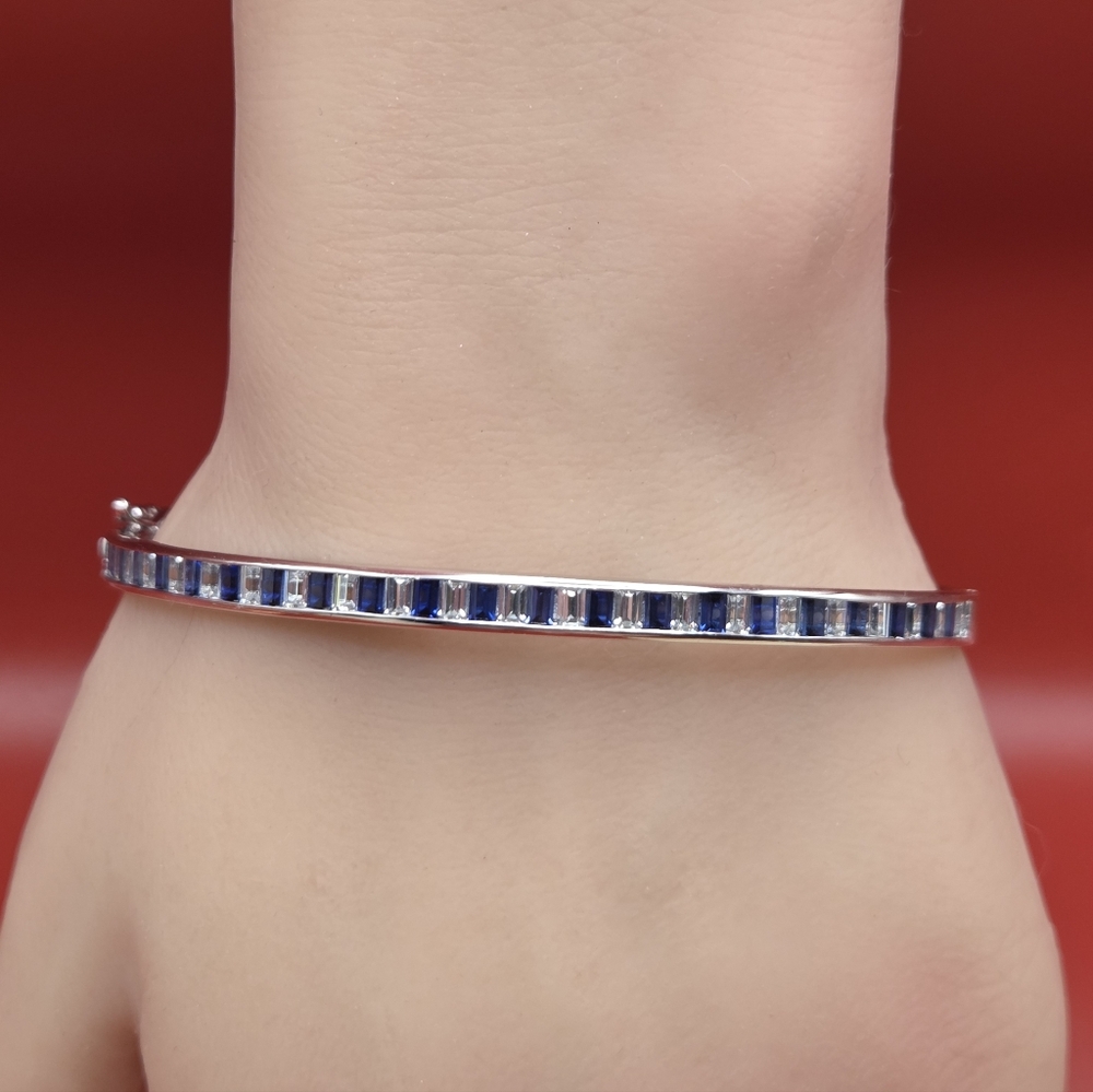 Blue Gemstone And CZ Sterling Silver Hinged Bangle Bracelet